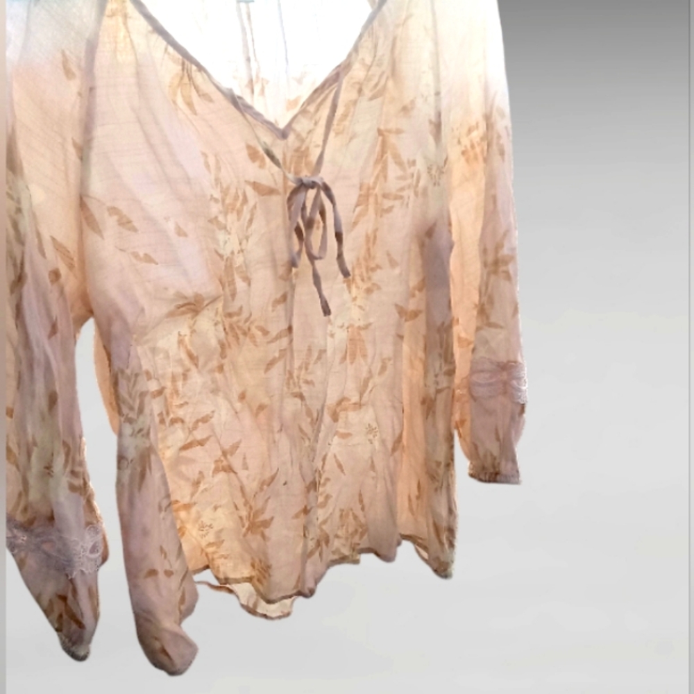 'COMO BLU' Semi-Sheer Beautiful Light Cream/Brown Print Peasant Blouse, Size:XL